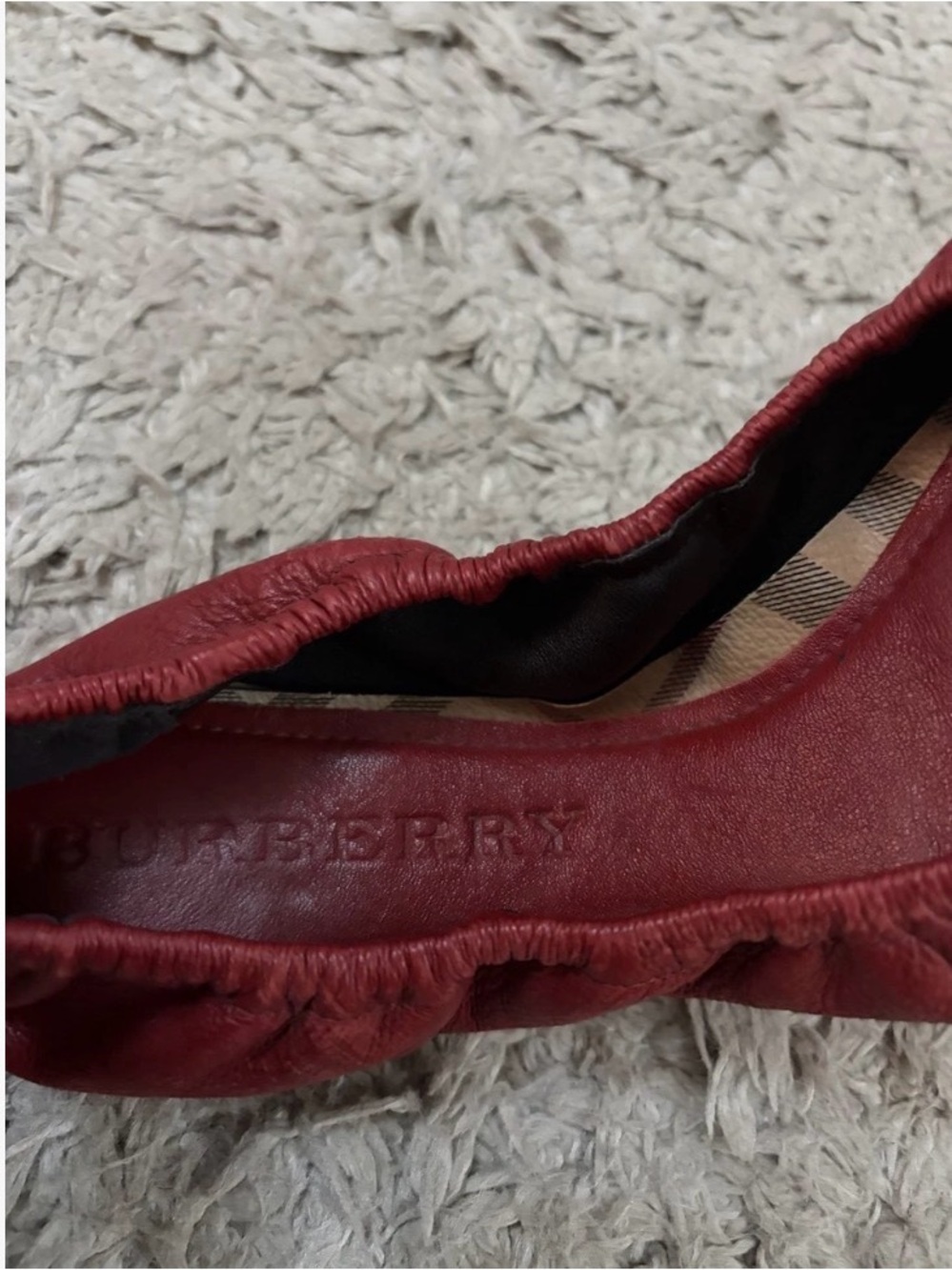 Burberry Red Leather Plaid Cap-Toe Ballet Flats with Gold Accent - Picture 2 of 5